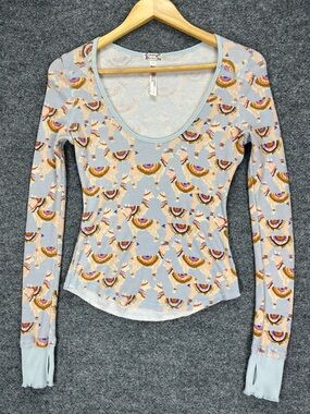 Free People Intimately Waffle Long Sleeve Women Small Llamas Blue Thumb Hole